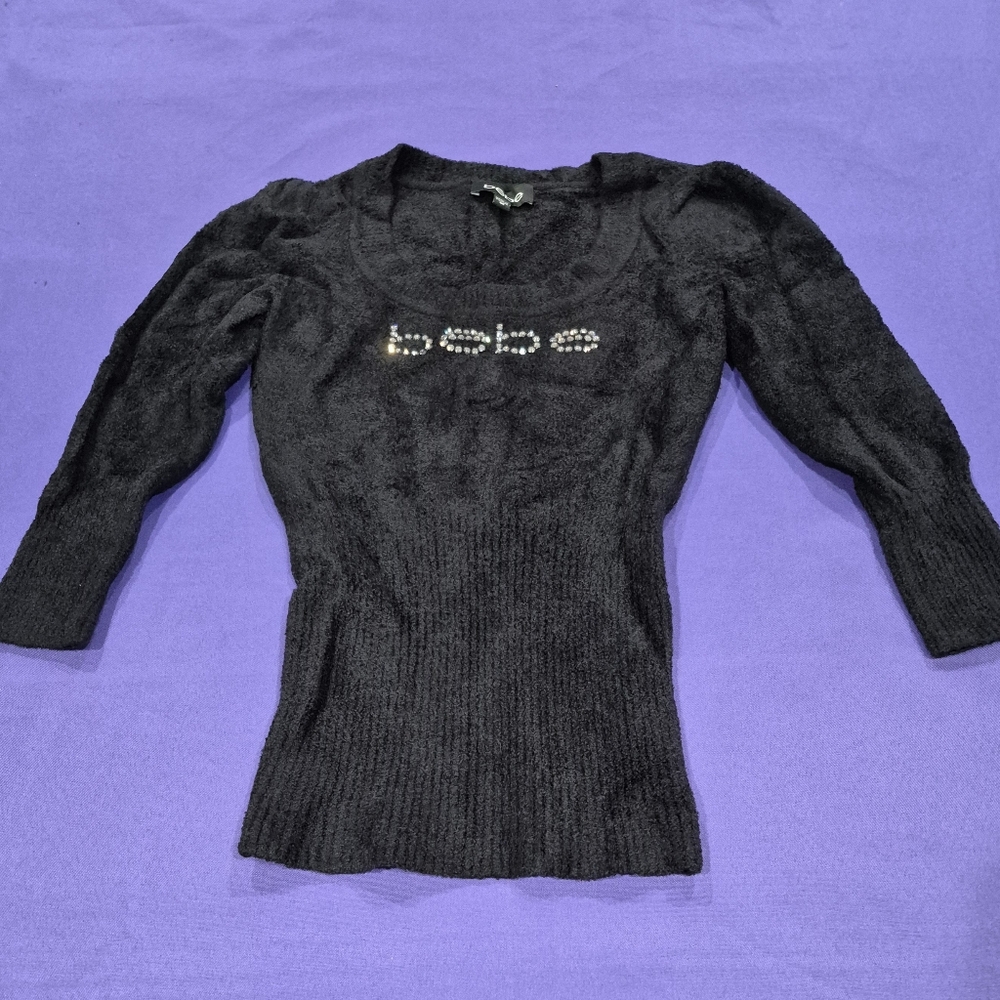 Bebe Swarovski Crystal Logo Black Round Neck 3/4 Sleeve Chenille Sweater - XS/S.
